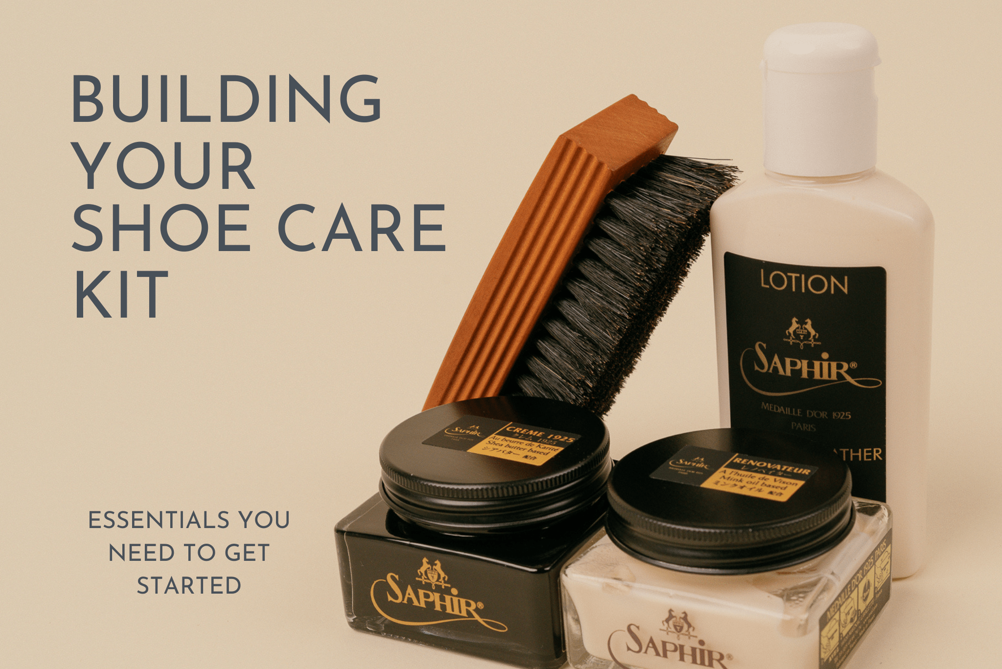 Saphir Medaille d'or Travel polish brush, saphir medaille d'or Leather lotion, saphir medaille d'or leather lotion, saphir medaille d'or 1925 pommadier cream polish all displayed on bone background 