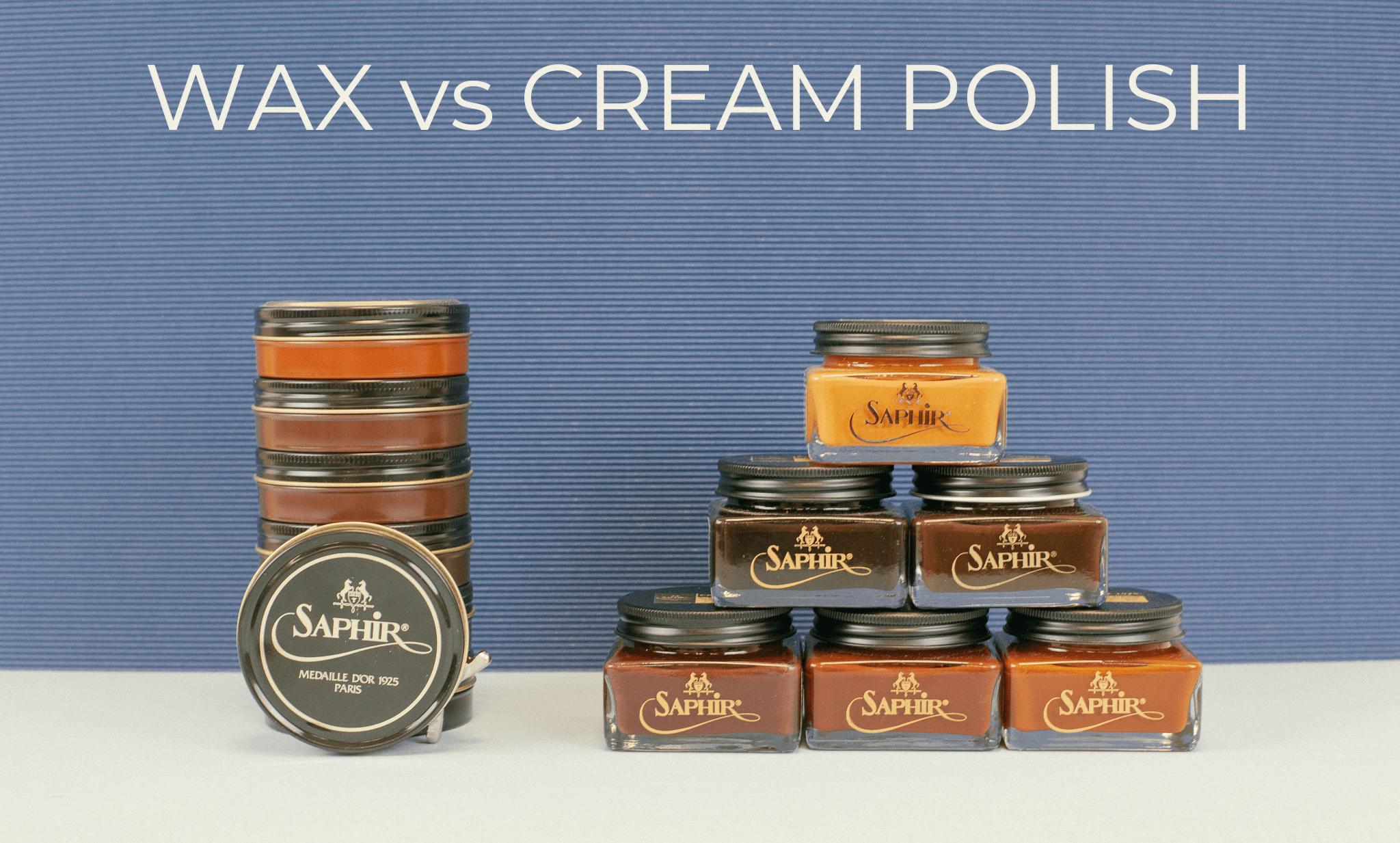 Brillare Shoe Care - Saphir Wax polish stack displayed ith Saphir Cream polish stack 