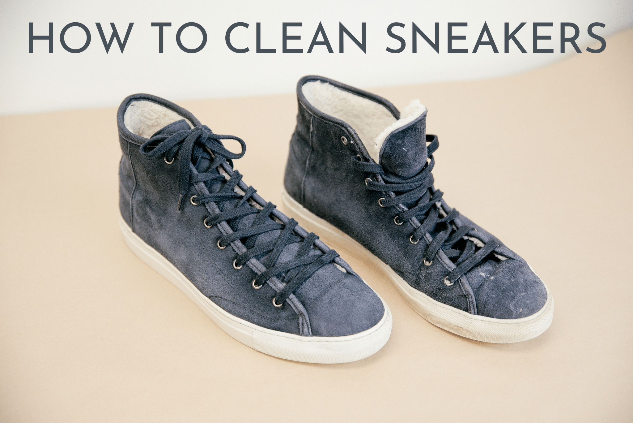 Diemme Veneto High shearling lined sneaker in black suede displayed one dirty and one cleaned using saphir medaille d'or foam cleaner