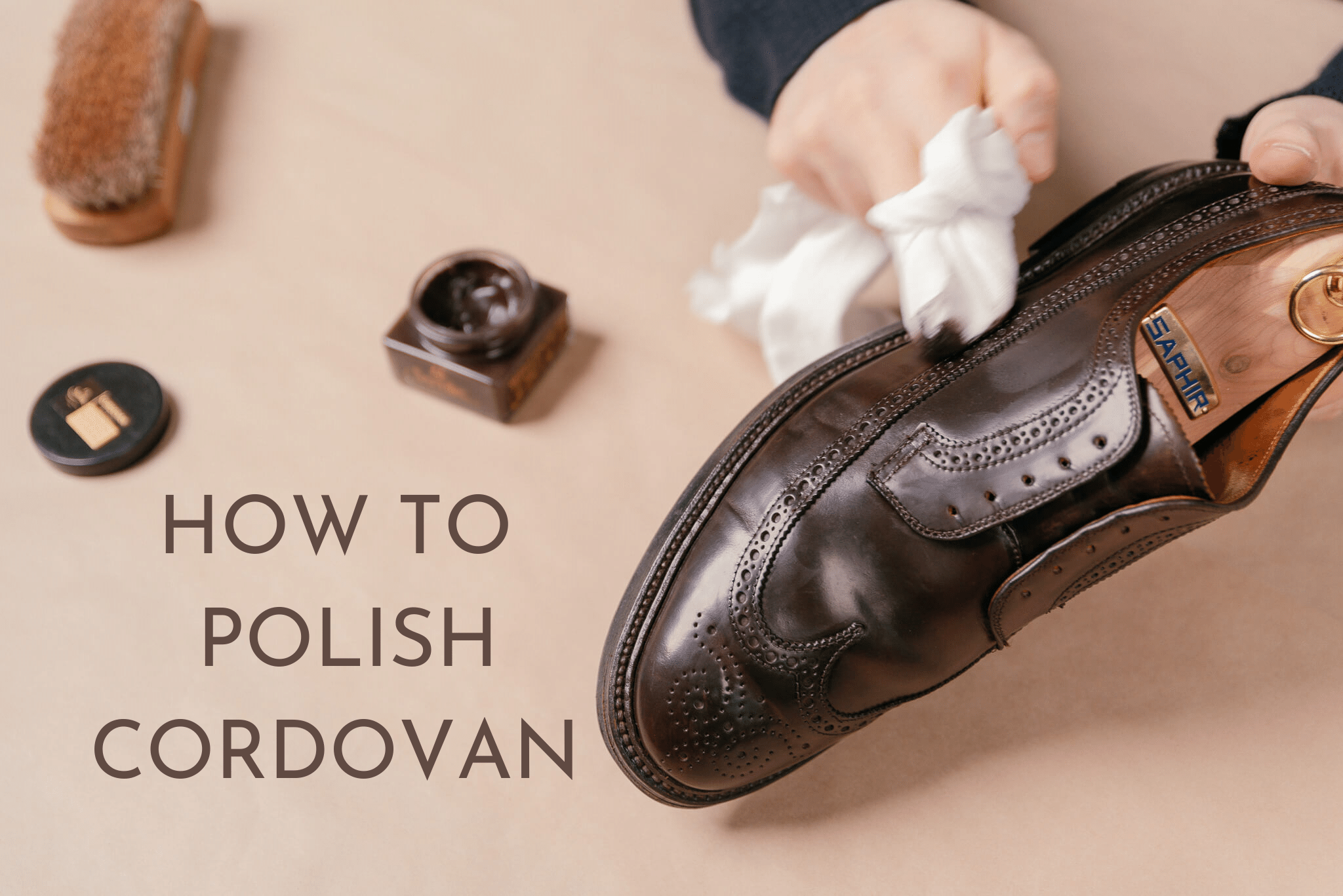 Close up shot of polishing a pair of Alden 975 shell cordovan loafers in colour #8. Using Saphir Medaille d'or cordovan cream