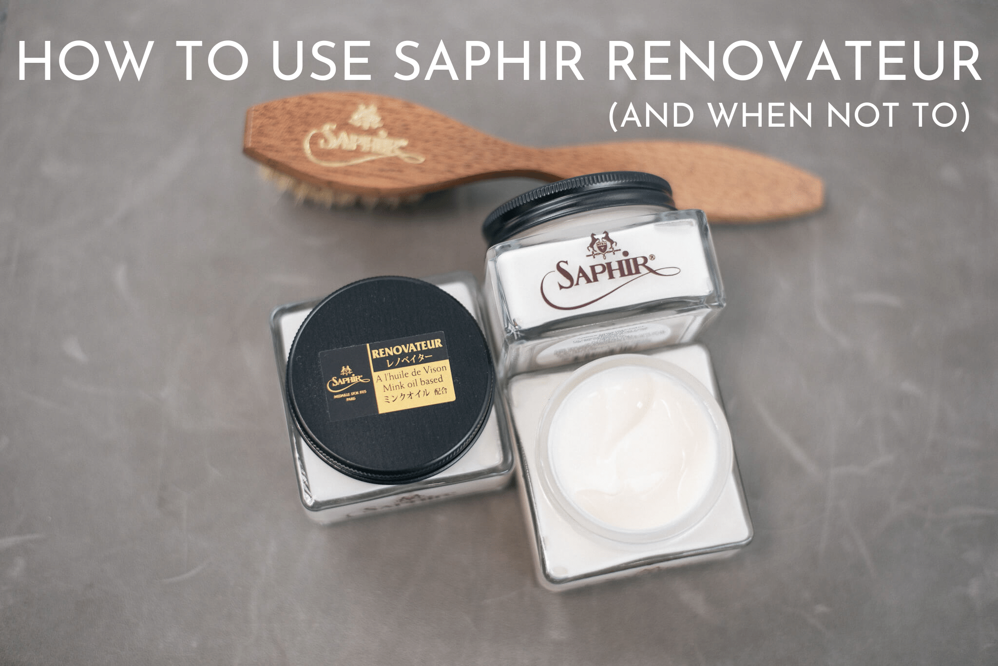 How to Use Saphir Medaille d'or Renovateur blog post photo depicting three jars of Saphir Renovateur side by side and one Saphir Medaille d'or large spatula brush in natural horse hair 