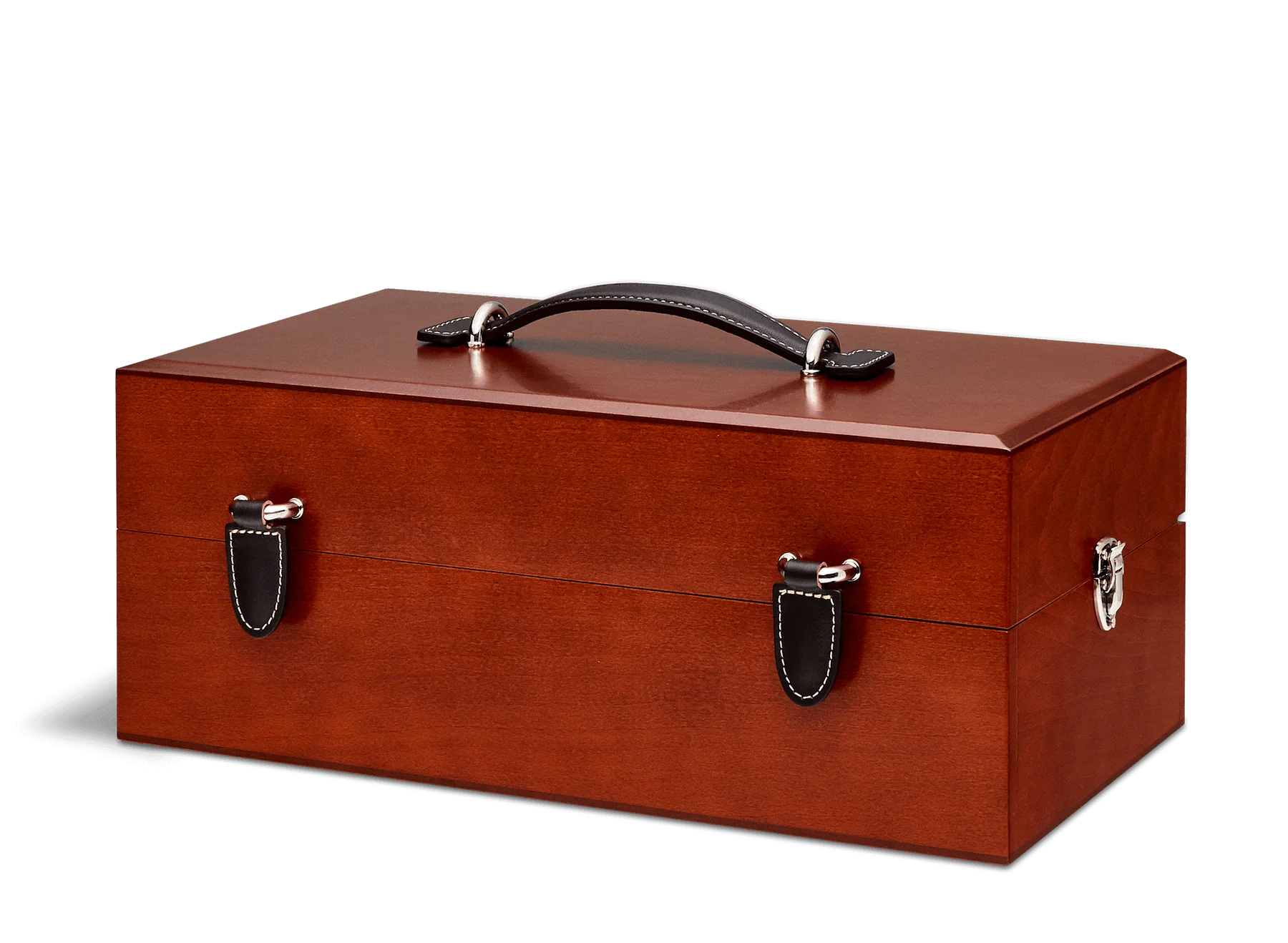 For the leather aficiando. Presented in a stunning Beechwood box. A wonderful gift or addition to the shoe arsenal. Solid beech frame made in France, with a beautiful Mahogany finish and chocolate leather trims.    The Intendant Box contains the following:  Included:  5 x Shoe cream jars- neutral, black, light brown, med.brow and dk. brown 4 x Tins 50ml shoe polish-neutral, black, med.brown, and dk. brown 2 x Shoe polishes brushes 18cm 2 x Small spreaders, 1 cloth, 1 shoe horn  Size : 37 x 20 x 15 cm