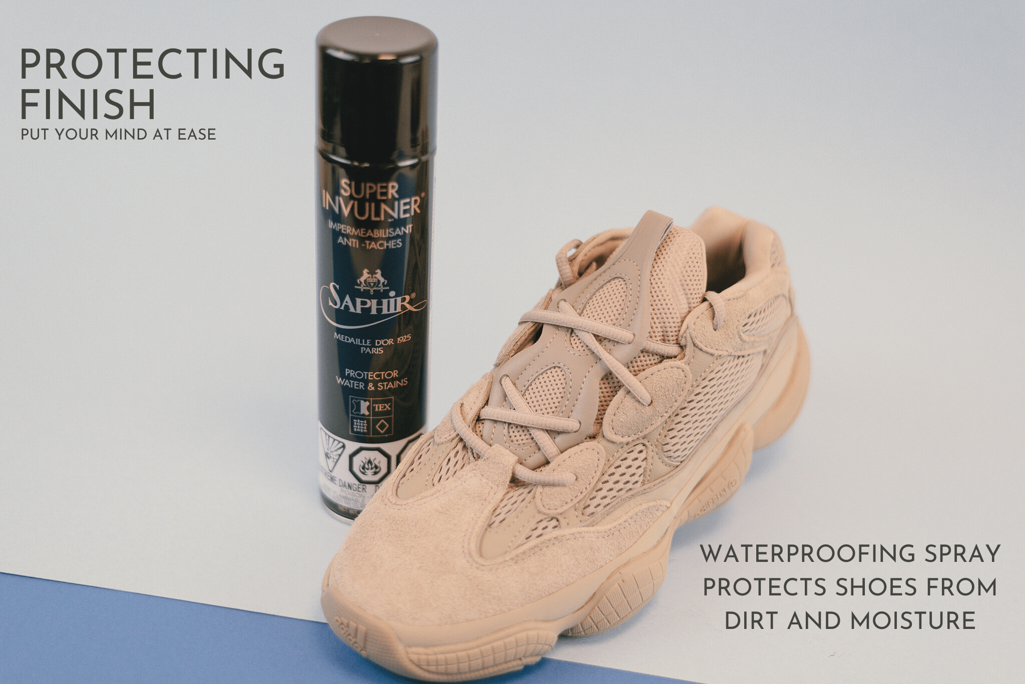 Brillaré protecting finish service - Saphir Waterproofing invulner spray displayed next to Yeezy 500 stone sneaker